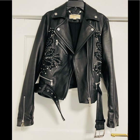 Like New MICHAEL Michael Kors Studdded Belt Biker Jacket 100% Real Lamb Leather - Picture 5 of 14